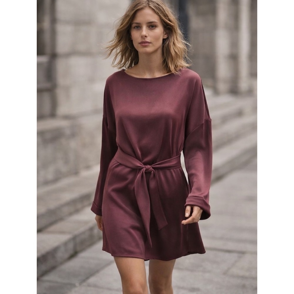 AllSaints Sonny Tie Front Dress Burgundy Satin Shift Belted‎ Mini US 2
